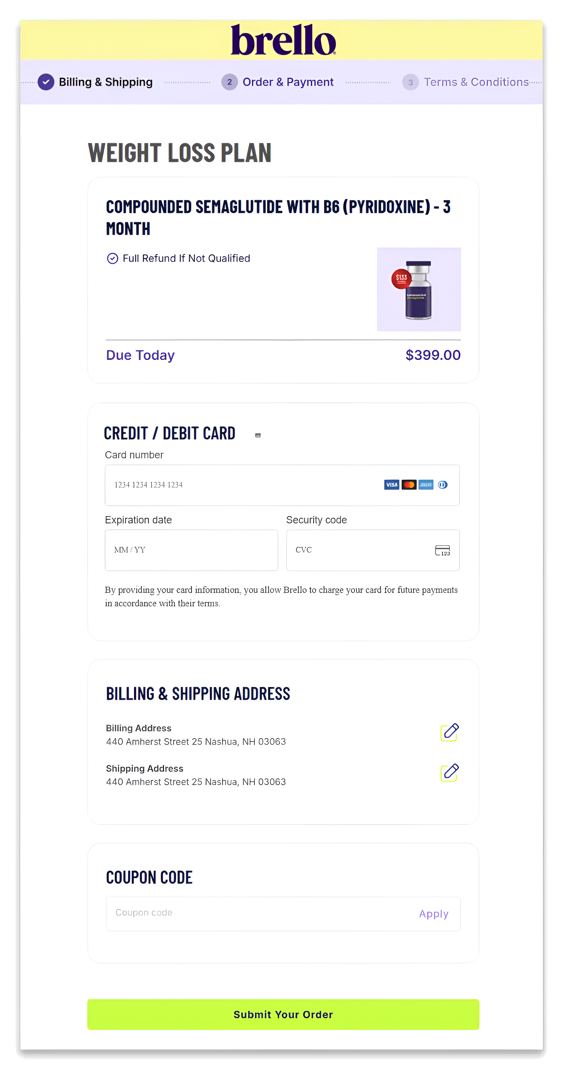 checkout page of Brello health